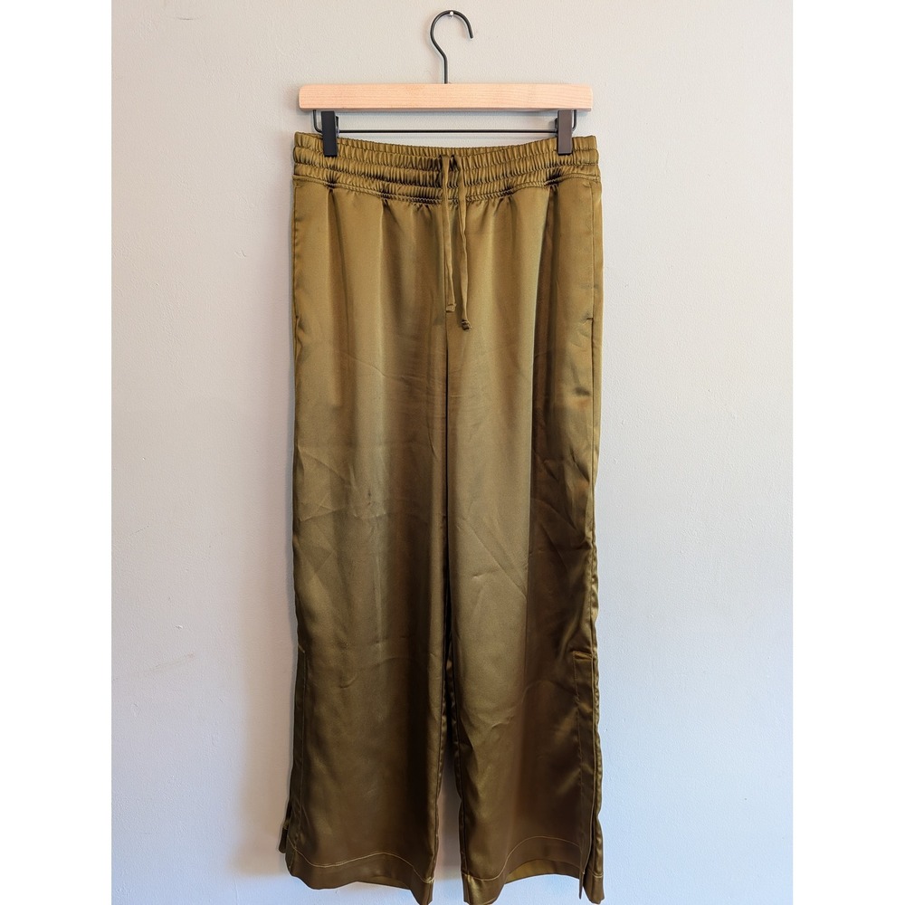 Outdoor Voices Breathable Wide Leg Satin Pants Olive Gold Side Snap Vents Medium